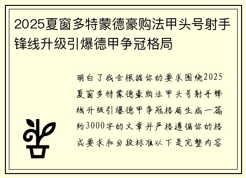 2025夏窗多特蒙德豪购法甲头号射手锋线升级引爆德甲争冠格局