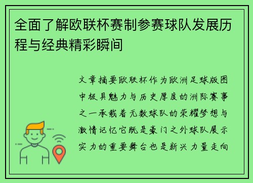 全面了解欧联杯赛制参赛球队发展历程与经典精彩瞬间
